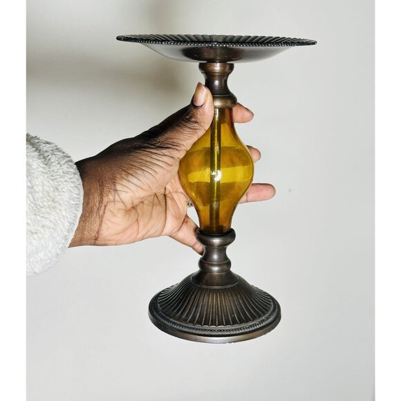 Amber Glass Pedestal Candle Holder Antique Brass Tone Pillar Candlestick Neutral - Picture 3 of 7